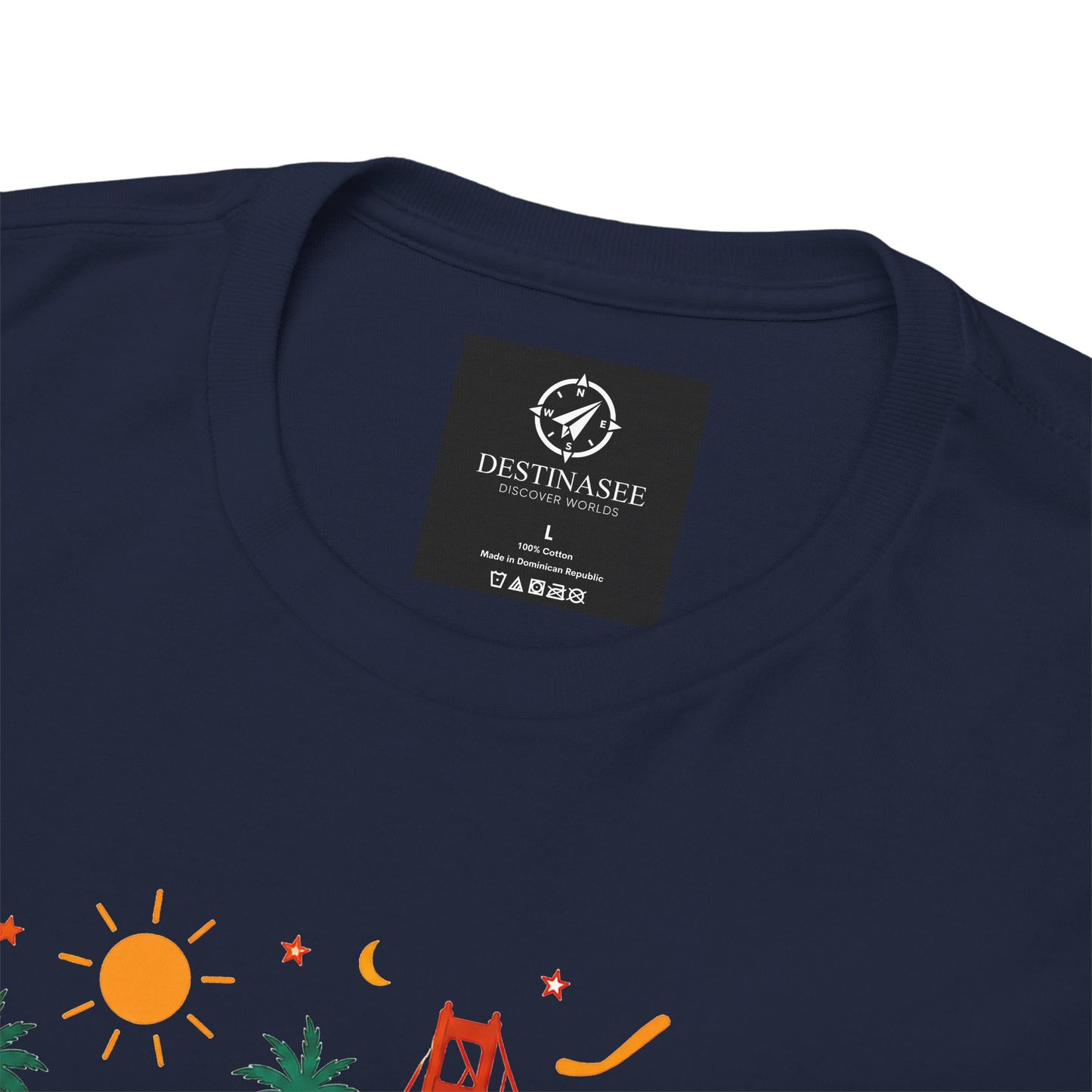 Navy crew-neck T-shirt with brand tag at neckline, colorful scene print below