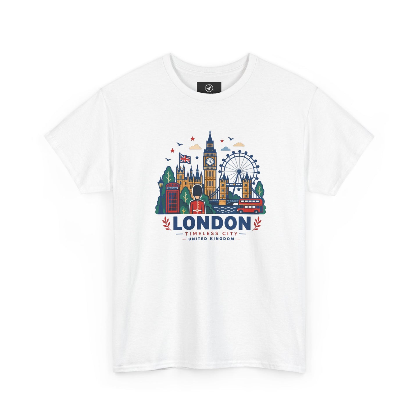 White crew-neck T-shirt with colorful London skyline graphic printed on the chest.