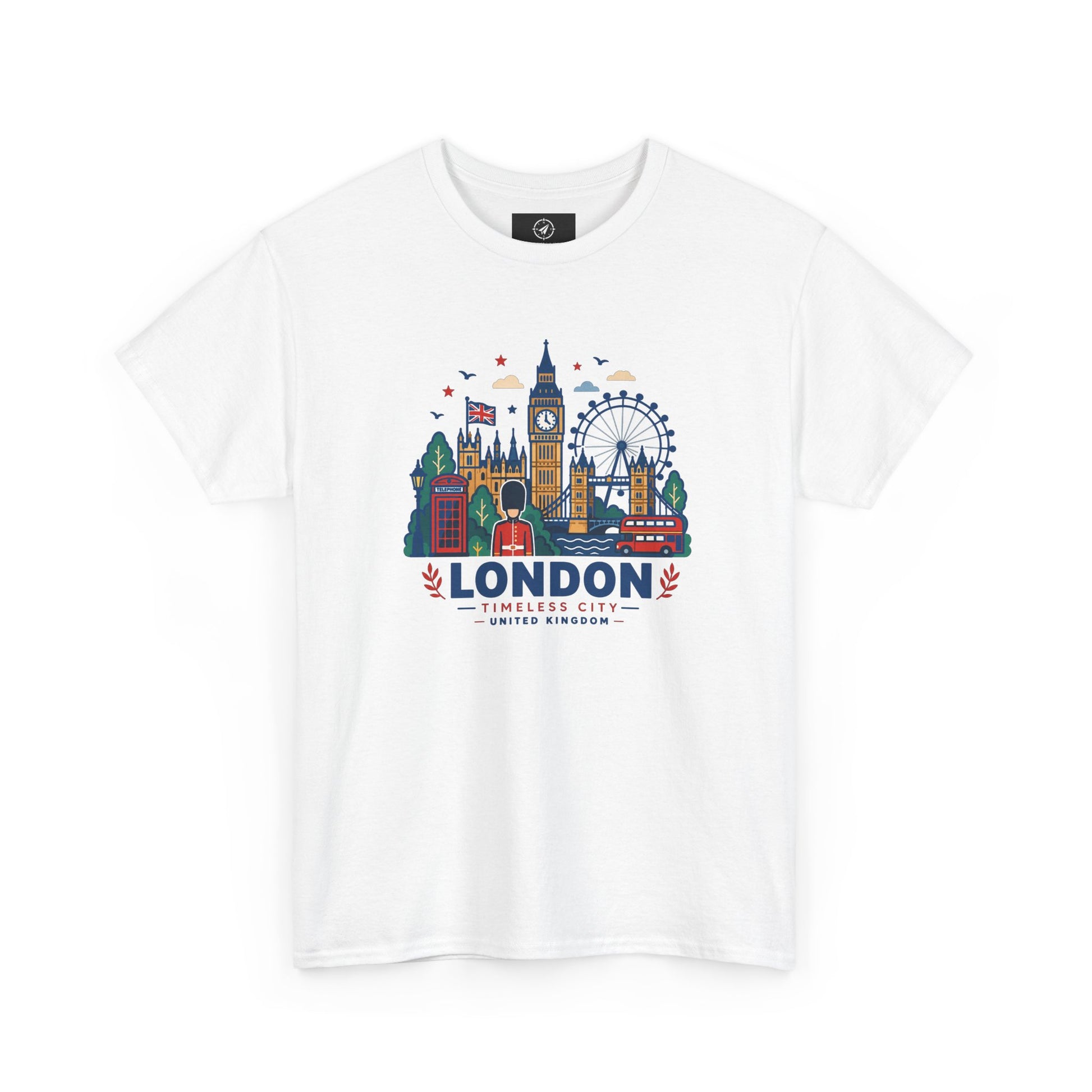 White crew-neck T-shirt with colorful London skyline graphic printed on the chest.