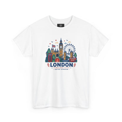 White crew-neck T-shirt with colorful London skyline graphic printed on the chest.