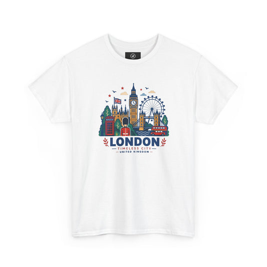 White crew-neck T-shirt with colorful London skyline graphic printed on the chest.