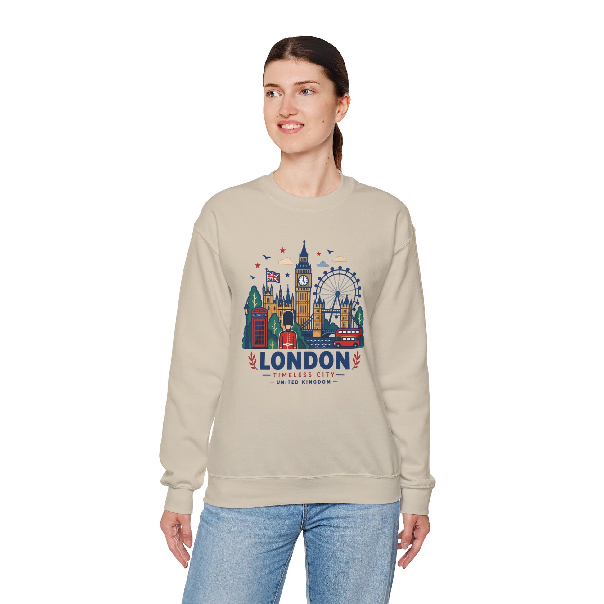 Sand crewneck sweatshirt with colorful London skyline graphic on front, long sleeves