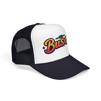 Two-tone trucker hat: white front with Busan logo, black mesh sides, curved brim.