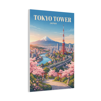 Matte canvas print featuring Tokyo Tower above a cityscape with Mount Fuji and cherry trees