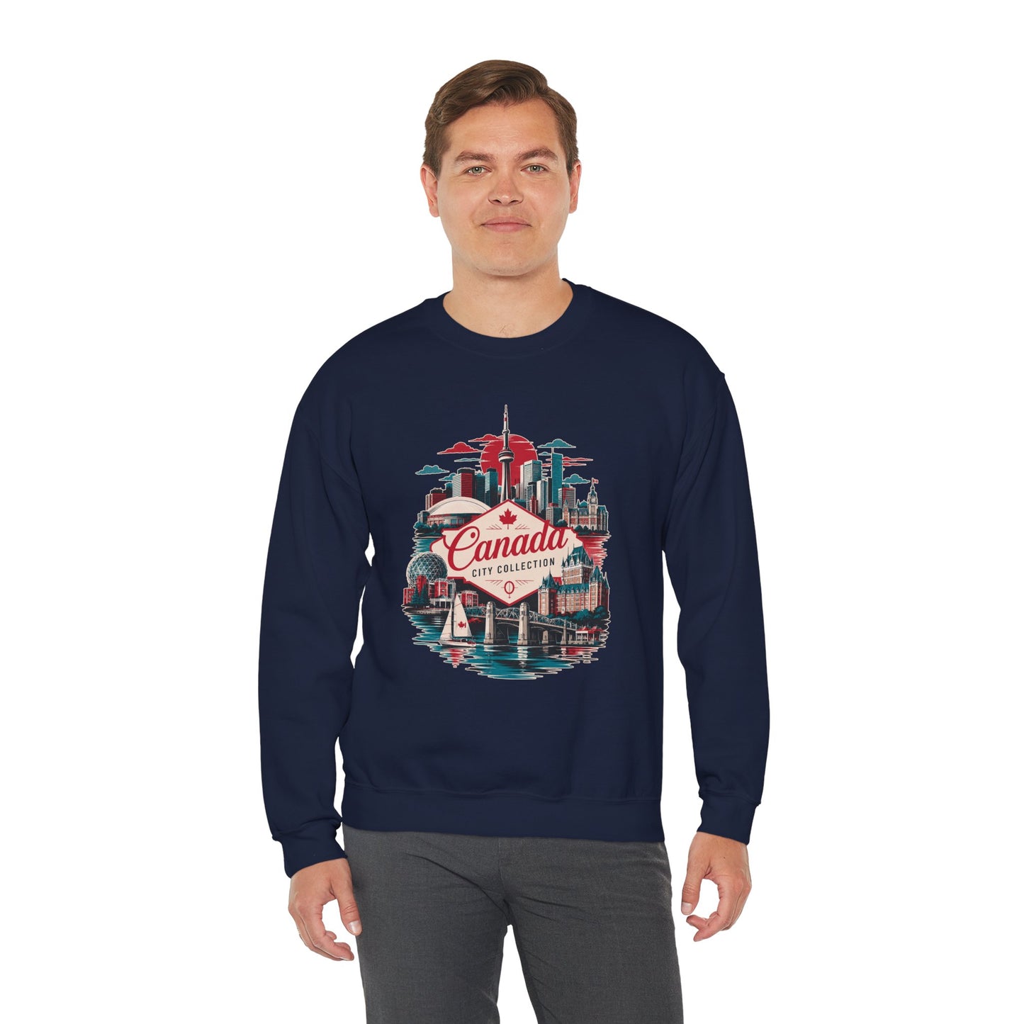 Crewneck sweatshirt in navy with colorful Canada skyline graphic on front