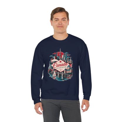 Crewneck sweatshirt in navy with colorful Canada skyline graphic on front