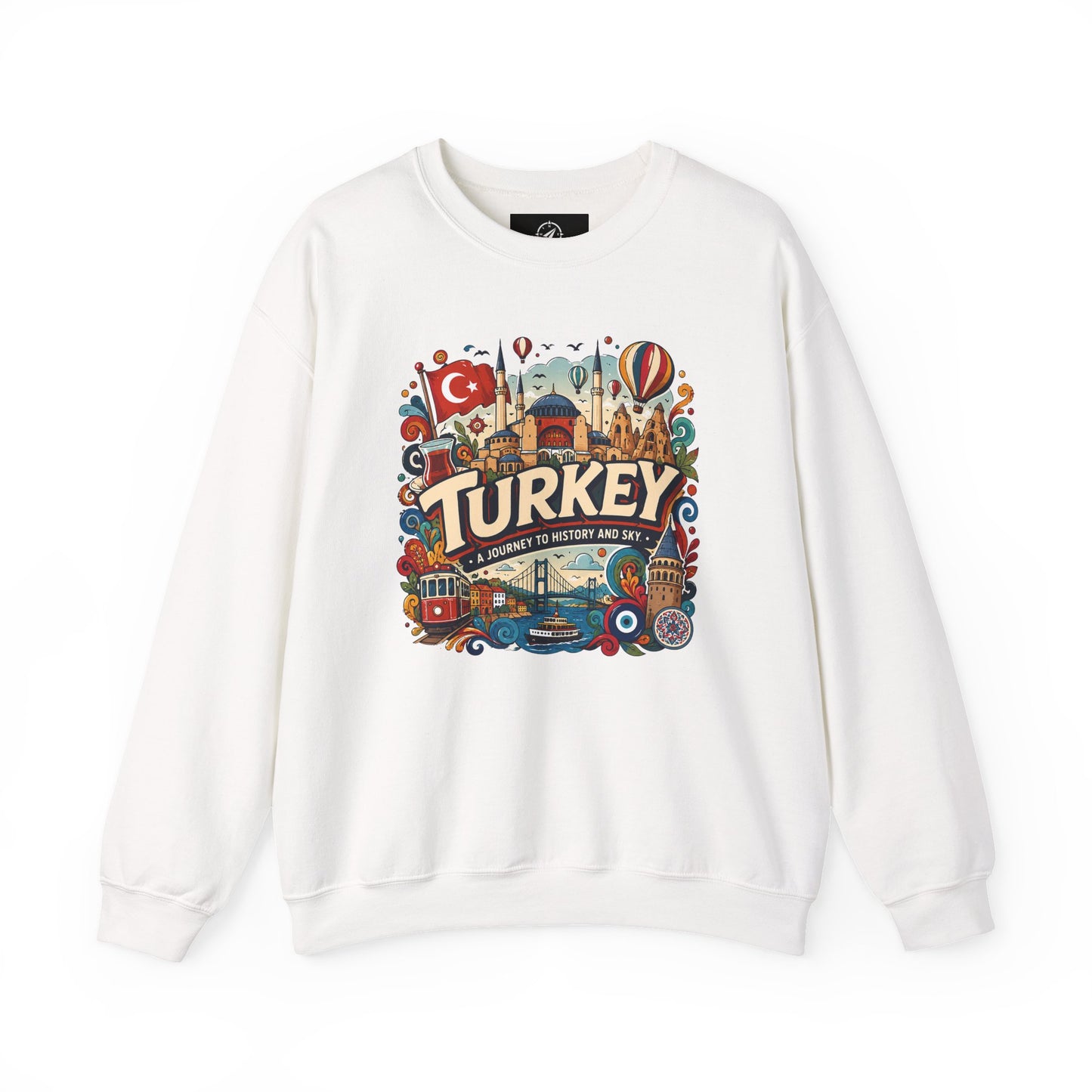 White crewneck sweatshirt with colorful Turkey graphic, crew neck, and long sleeves
