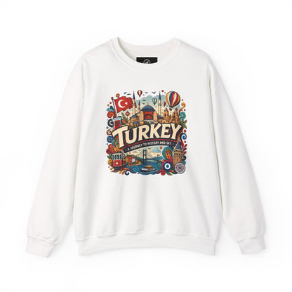 White crewneck sweatshirt with colorful Turkey graphic, crew neck, and long sleeves
