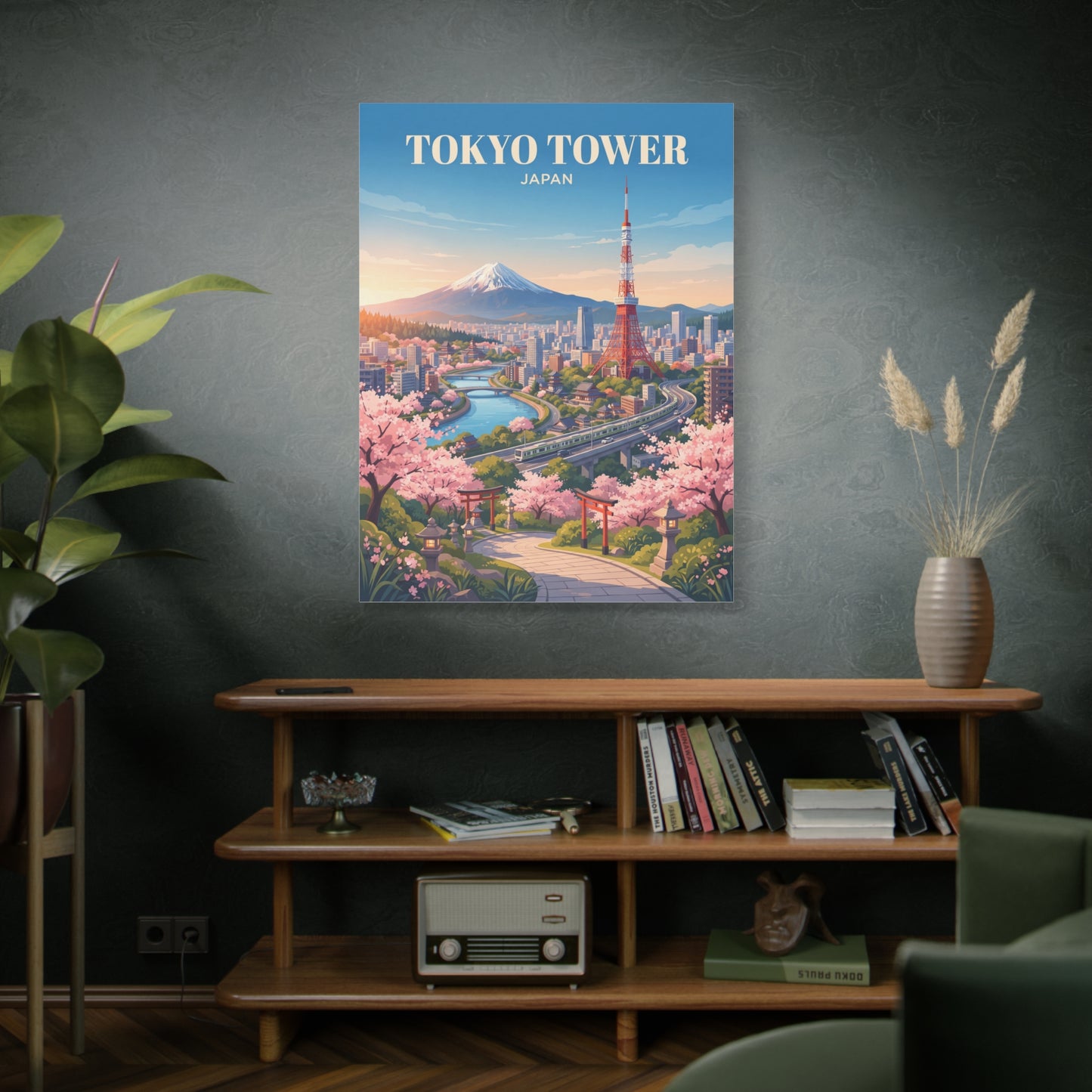 Matte canvas print with Tokyo Tower, cherry blossoms, and a city river road view.