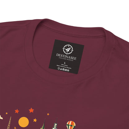 Maroon crew-neck T-shirt close-up showing neckline label and skyline graphic.