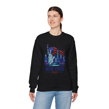 Black crewneck sweatshirt with New York USA skyline print, front view