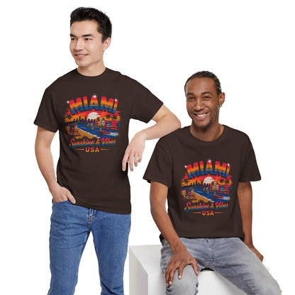 Dark brown T-shirt with Miami skyline graphic and "Sunshine & Vibes USA" print