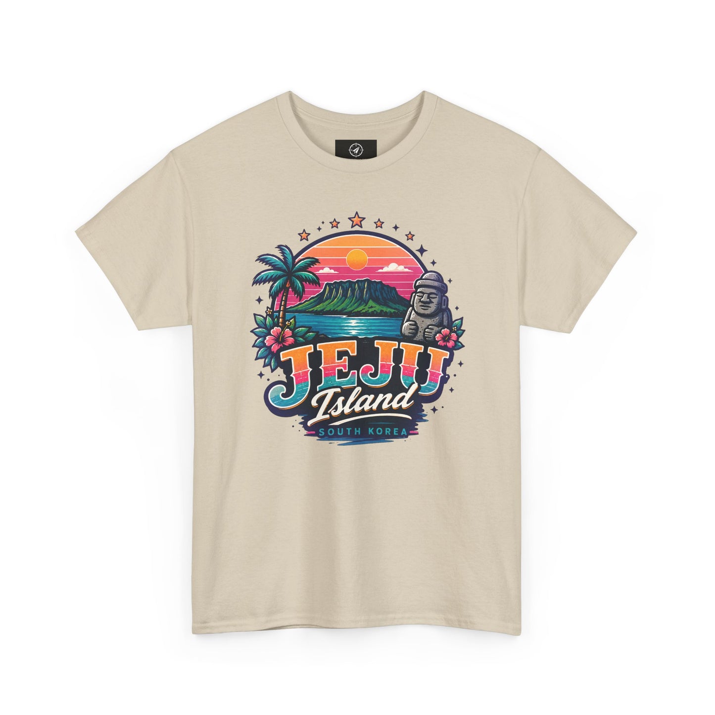 Tan t-shirt with colorful “JEJU Island” sunset logo and South Korea text graphic