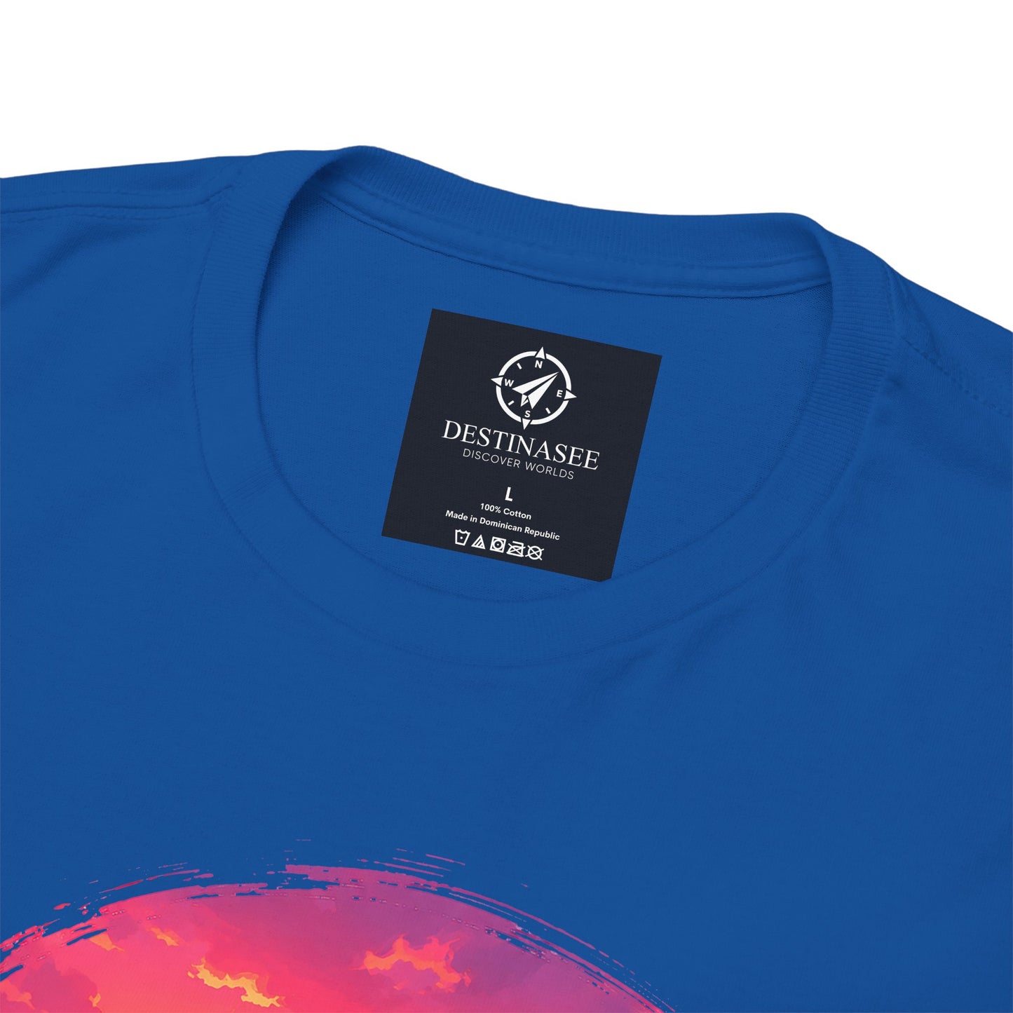 Blue T-shirt close-up: crew neck label and Busan graphic on chest