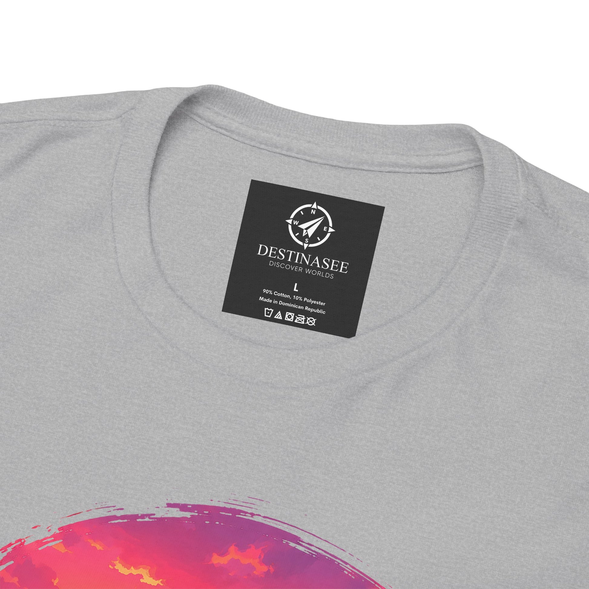 Heather gray t-shirt close-up: neck label and Busan sunset print.