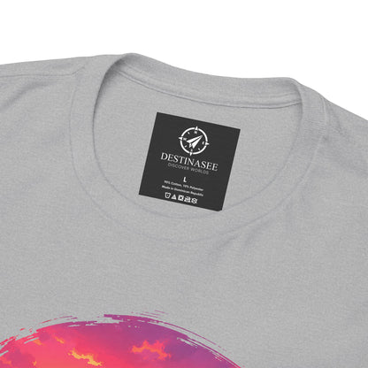 Heather gray t-shirt close-up: neck label and Busan sunset print.