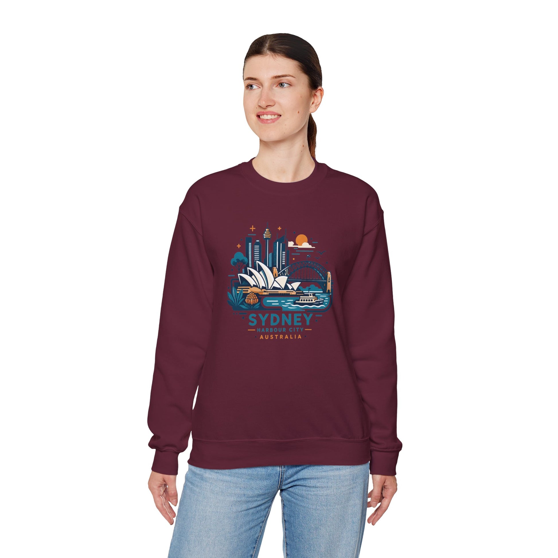 Maroon crewneck sweatshirt with front Sydney harbor graphic print