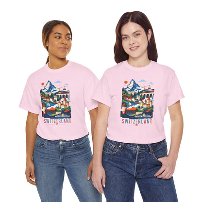 Light pink T-shirt with colorful Switzerland mountain village graphic and “SWITZERLAND”