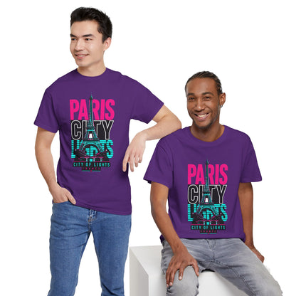Purple unisex travel T-shirt, Paris City of Lights neon graphic with Eiffel Tower