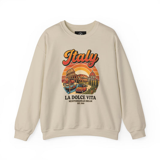 Sand crewneck sweatshirt with multicolor “Italy La Dolce Vita” graphic on front
