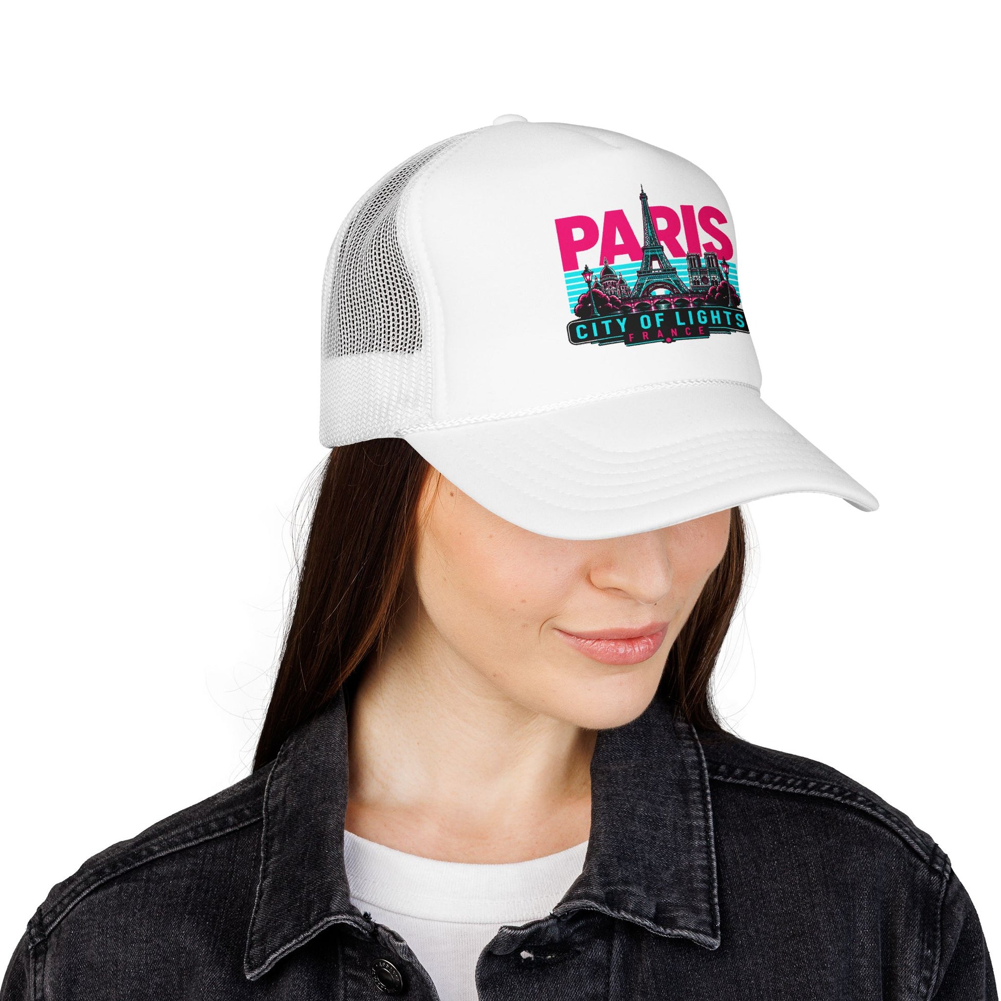 White mesh trucker hat with “PARIS City of Lights” front graphic patch.