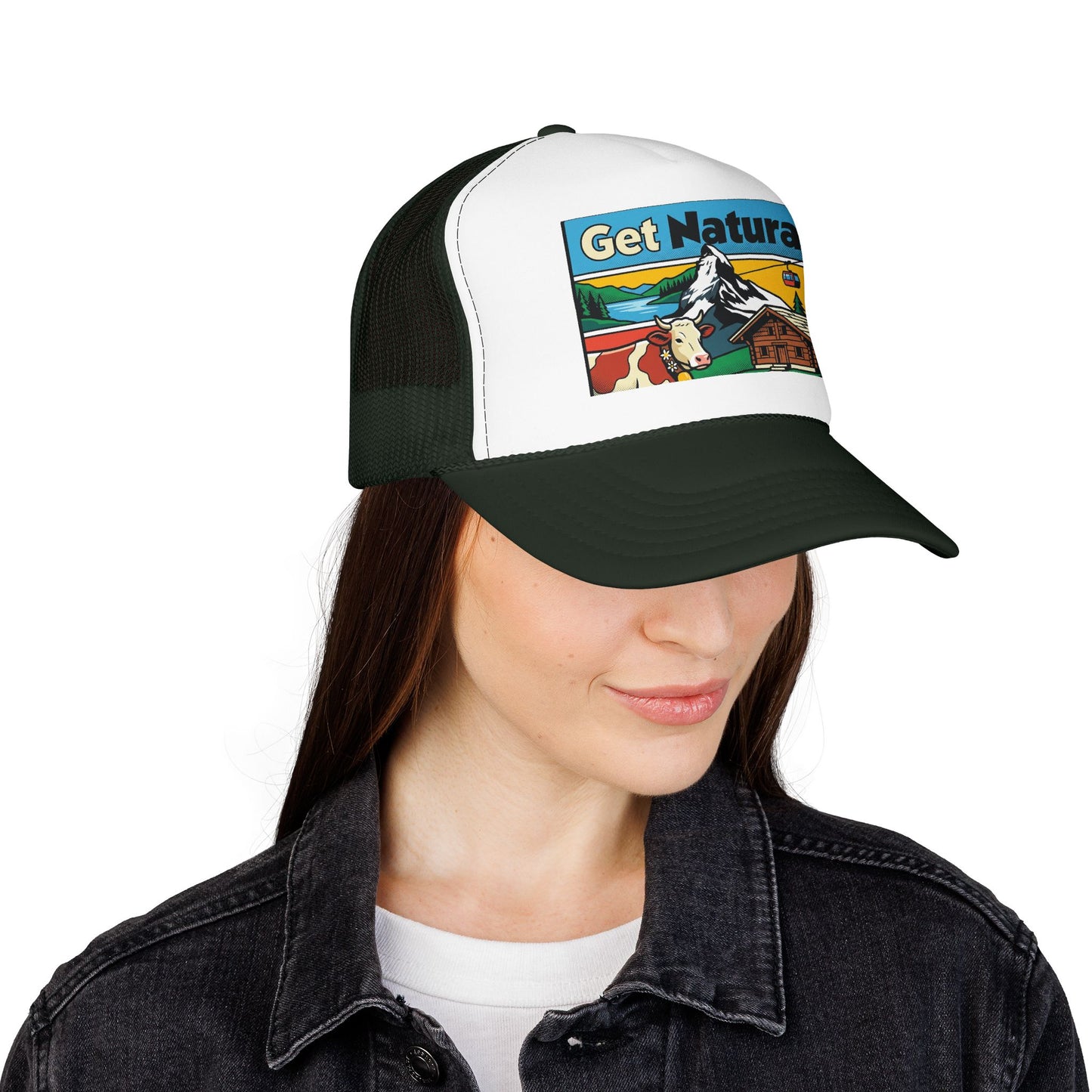 Black and white trucker hat with front alpine graphic patch and curved brim.