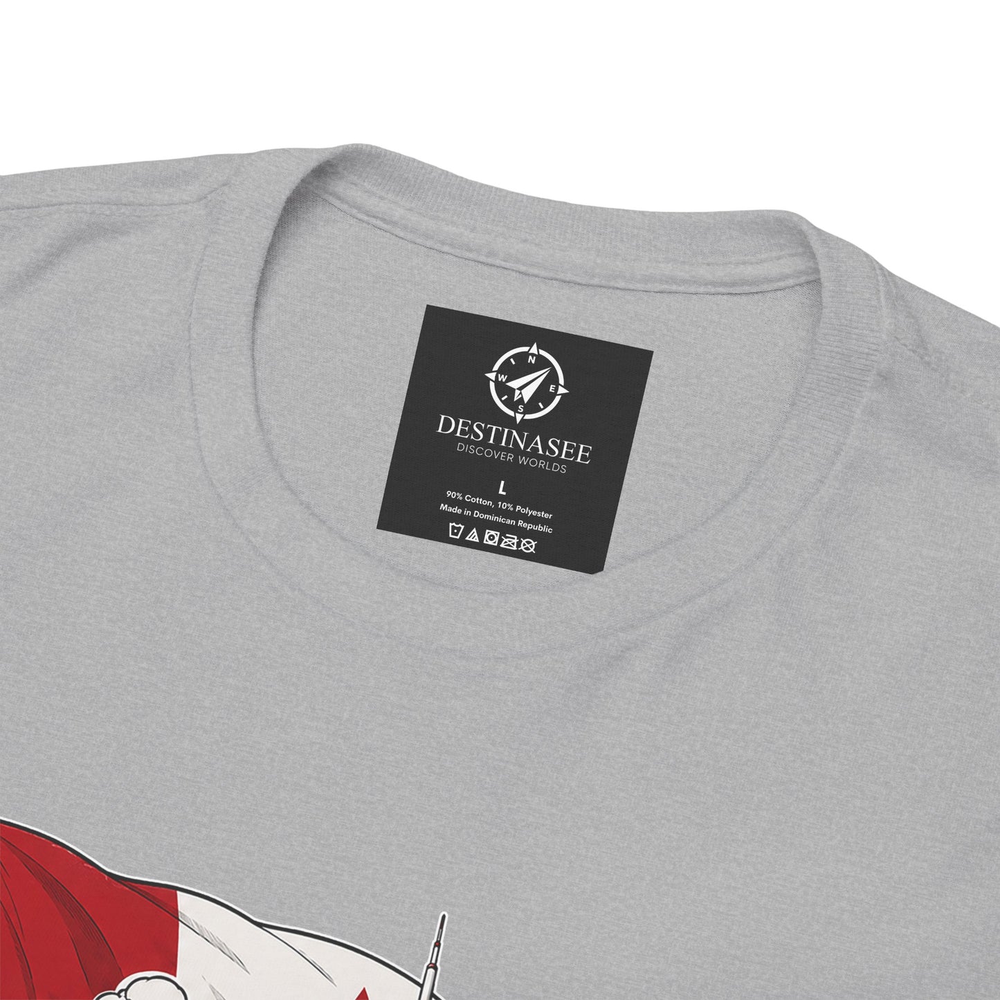 Sport grey T-shirt back with black logo patch; partial red canoe graphic
