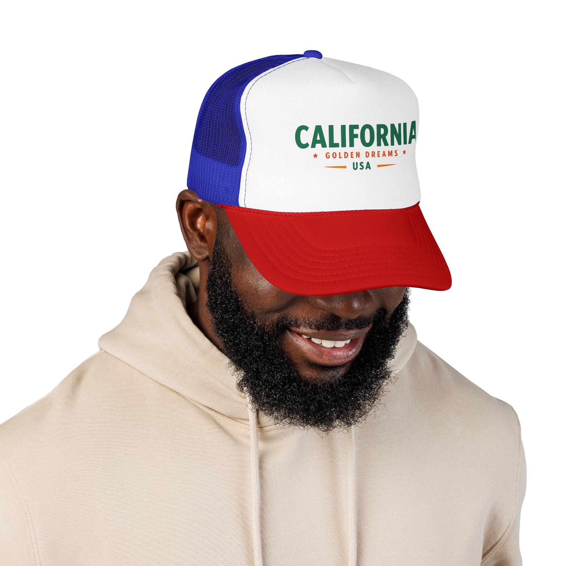 White-blue trucker hat with red brim and green California front graphic