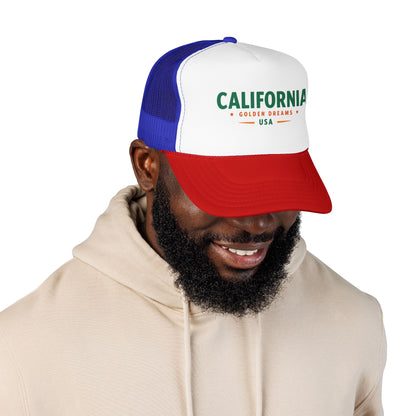 White-blue trucker hat with red brim and green California front graphic
