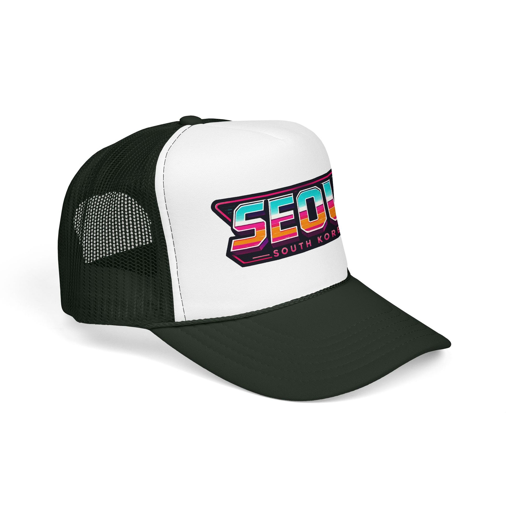 Dark green and white trucker hat with “SEOUL South Korea” logo patch on front panel