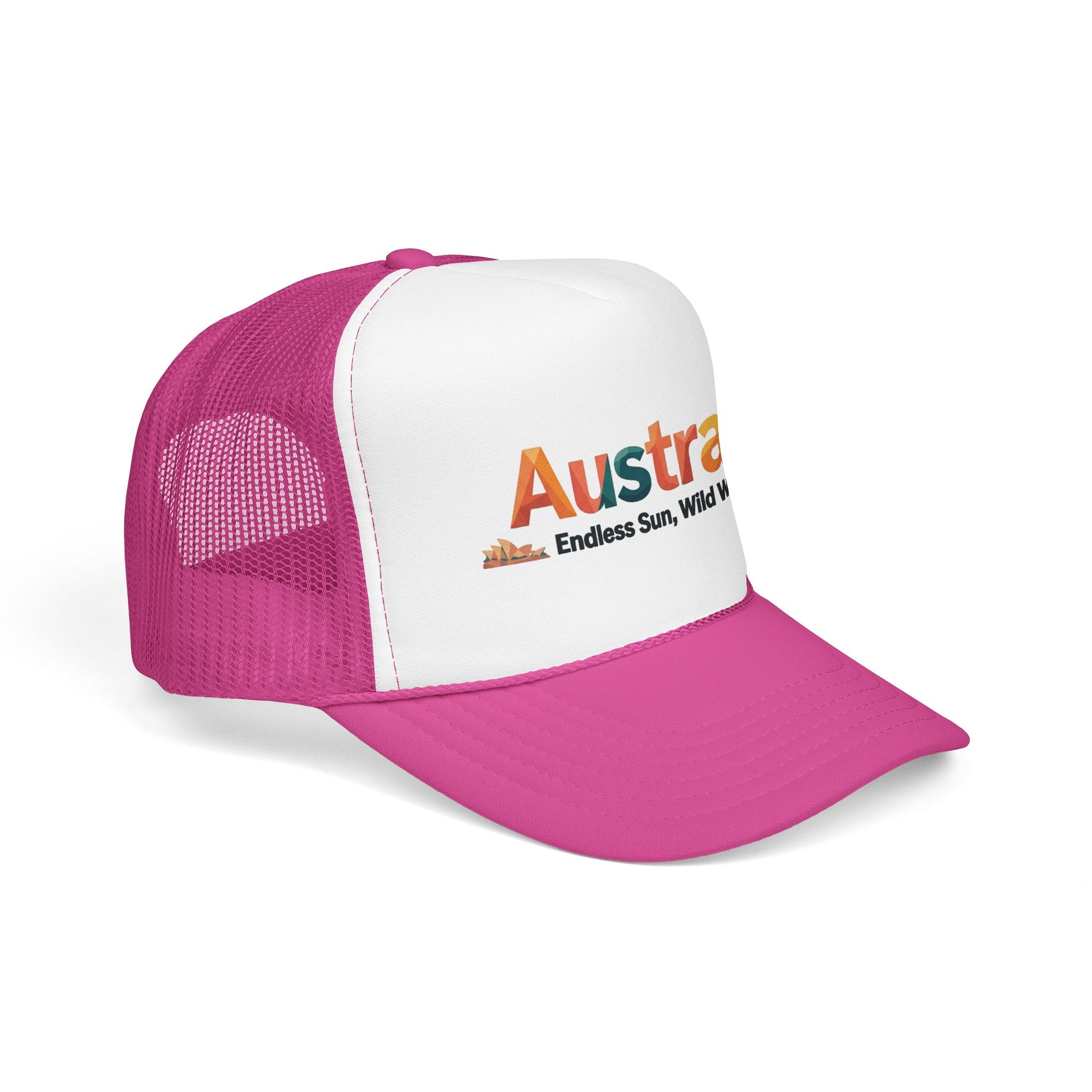 Hot pink and white mesh trucker cap with magenta brim and embroidered “Australia” logo.