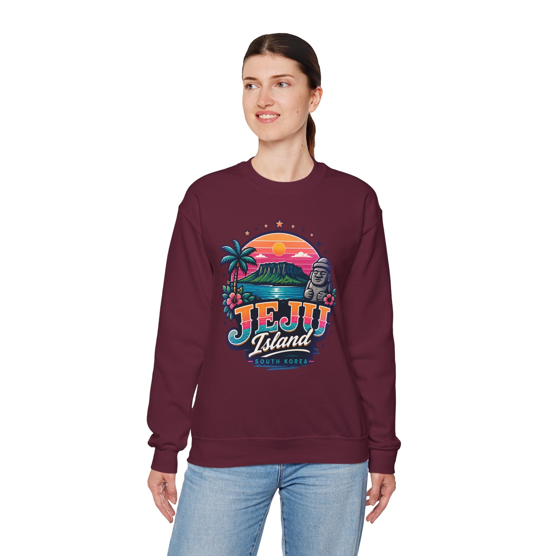 Maroon crewneck sweatshirt with colorful Jeju Island front graphic