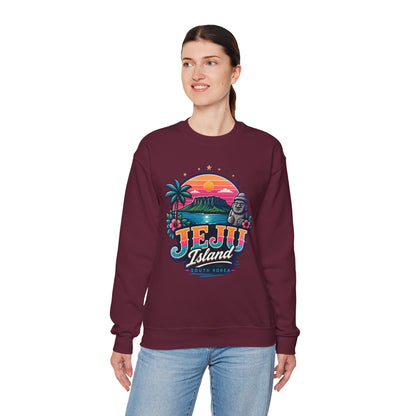 Maroon crewneck sweatshirt with colorful Jeju Island front graphic