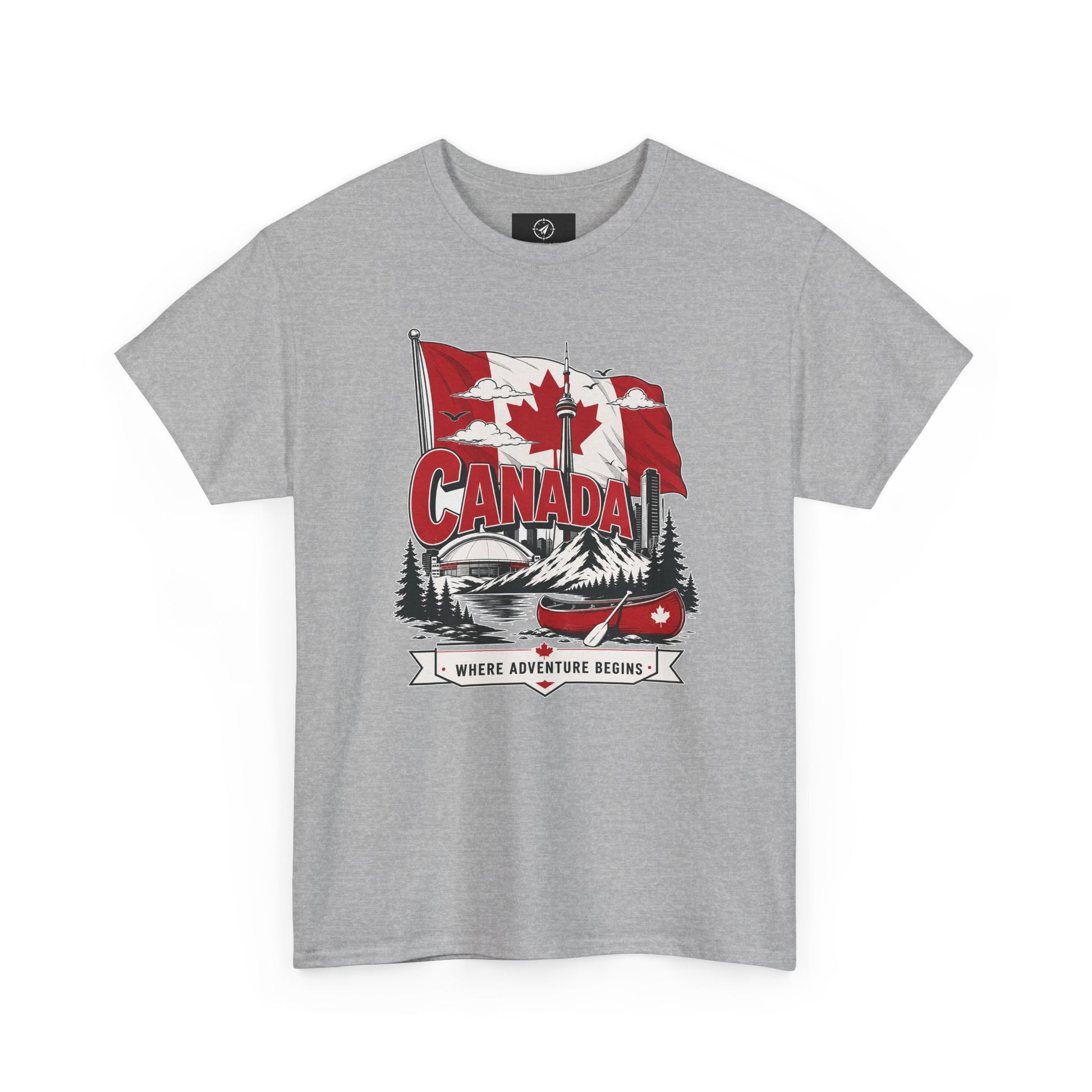 Sport grey Canada graphic T-shirt with canoe-and-maple leaf illustration at center