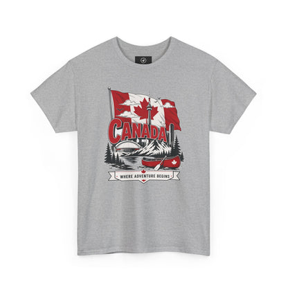 Sport grey Canada graphic T-shirt with canoe-and-maple leaf illustration at center