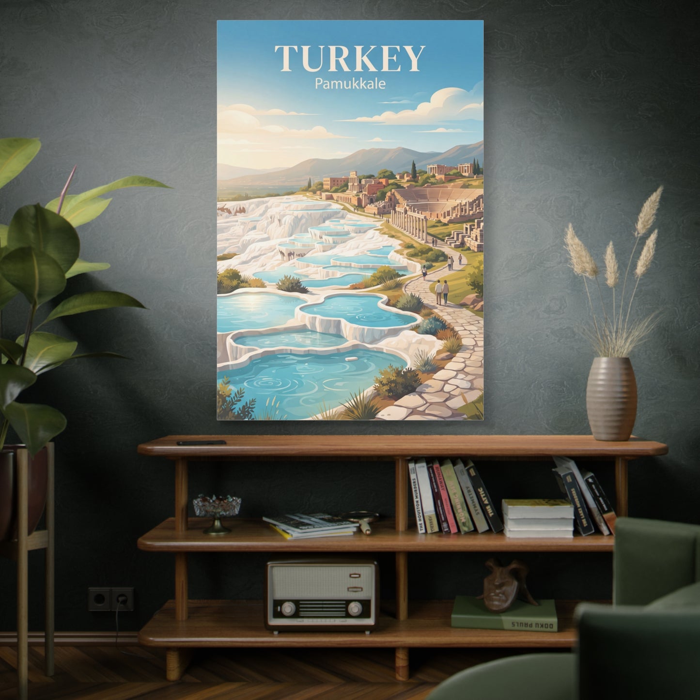 Vertical matte canvas wall art showing Turkey Pamukkale pools, hills, and stone steps.