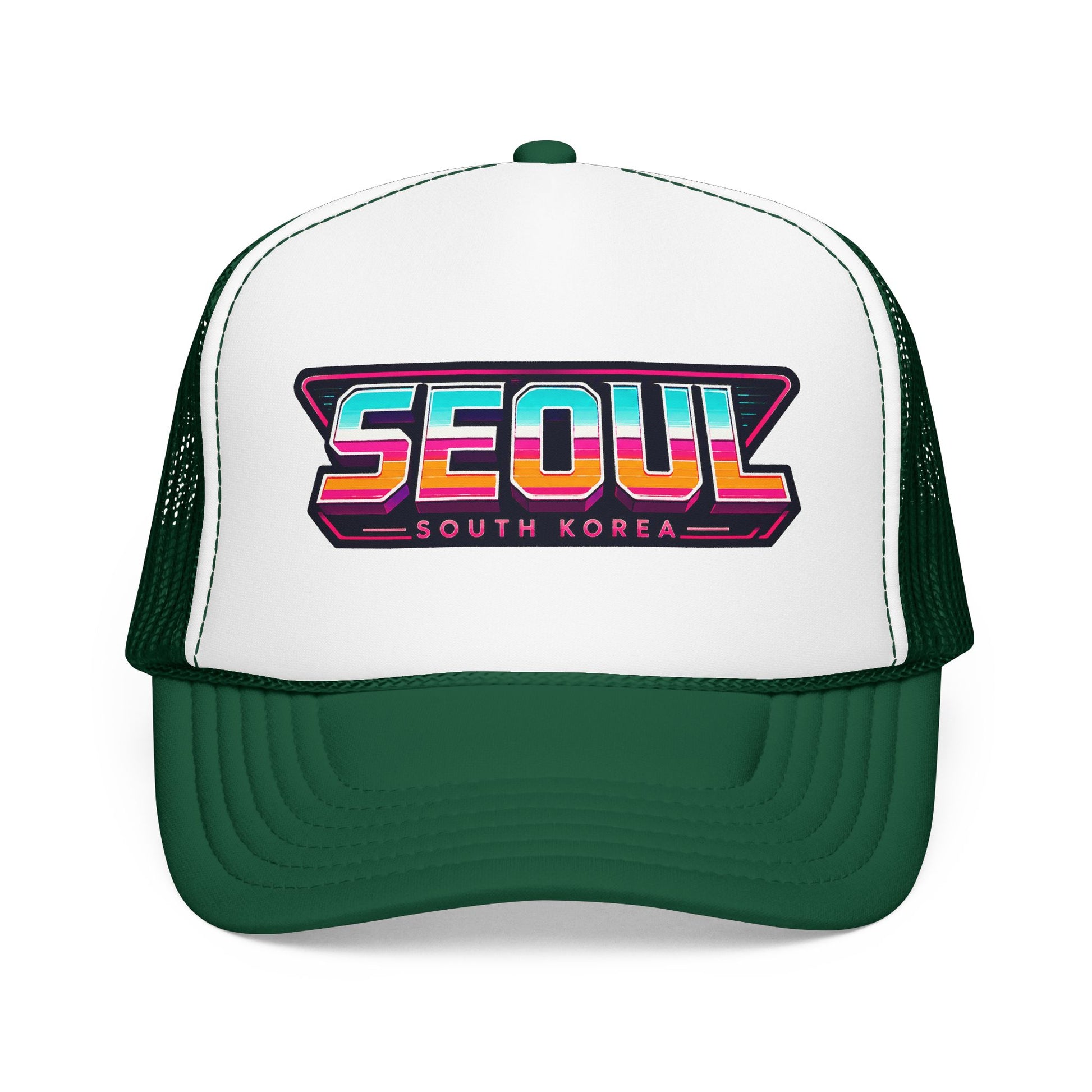White and dark green trucker hat with SEOUl South Korea logo patch on front