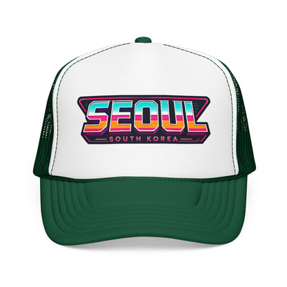 White and dark green trucker hat with SEOUl South Korea logo patch on front