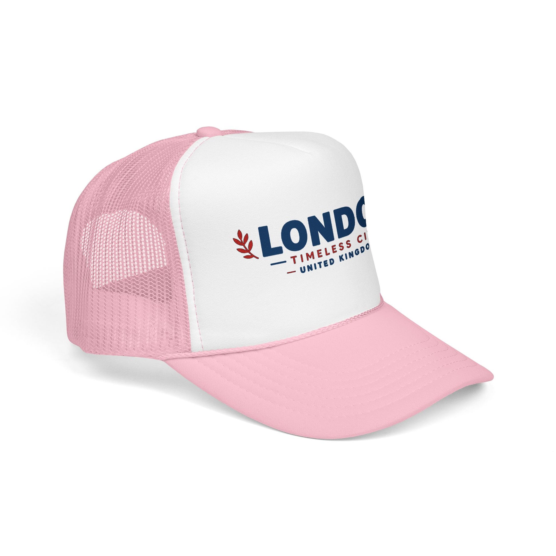 Light pink-and-white trucker hat with white front panel and pink mesh sides, LONDON