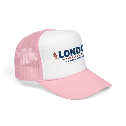 Light pink-and-white trucker hat with white front panel and pink mesh sides, LONDON