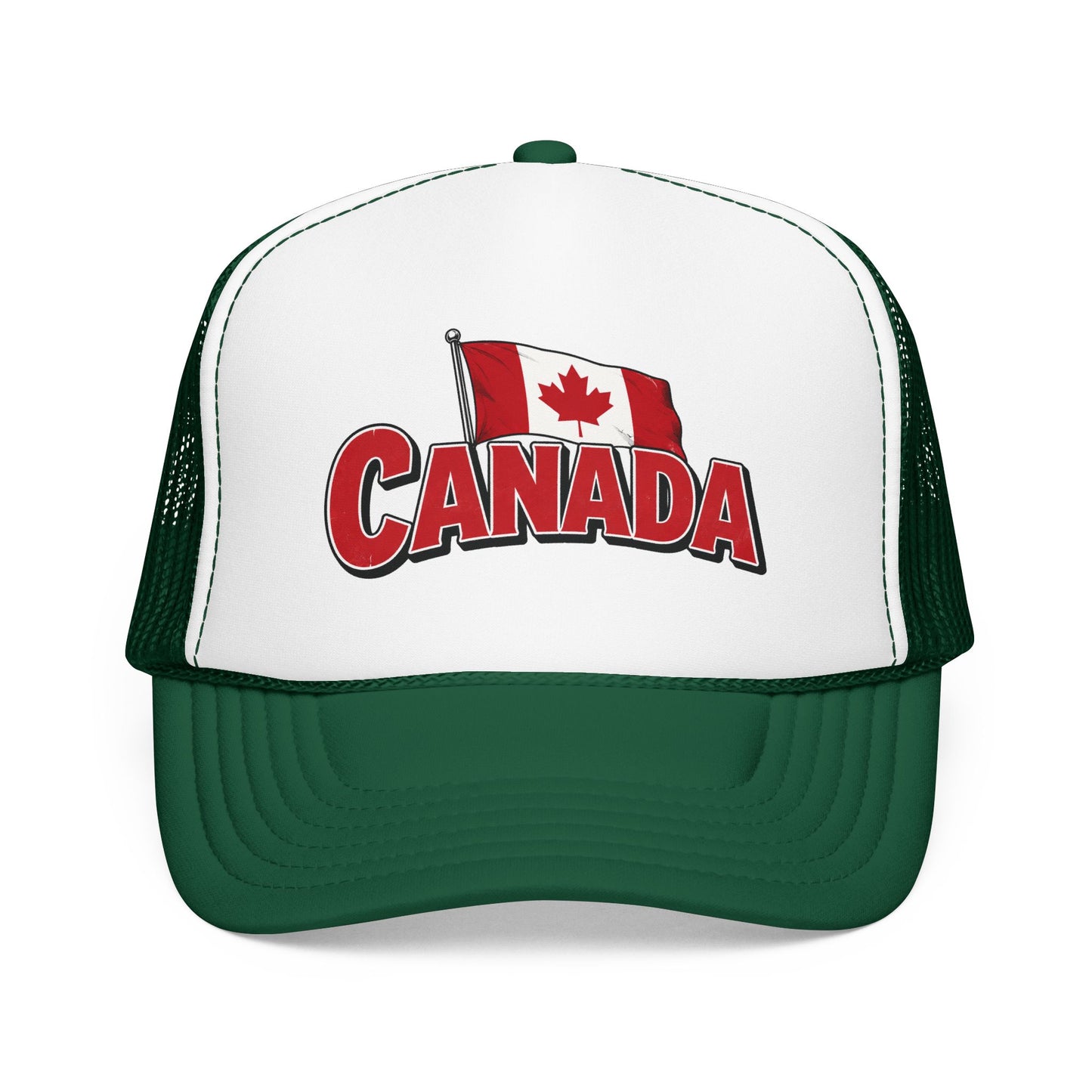 White and green trucker hat with mesh sides and Canada flag “CANADA” front logo