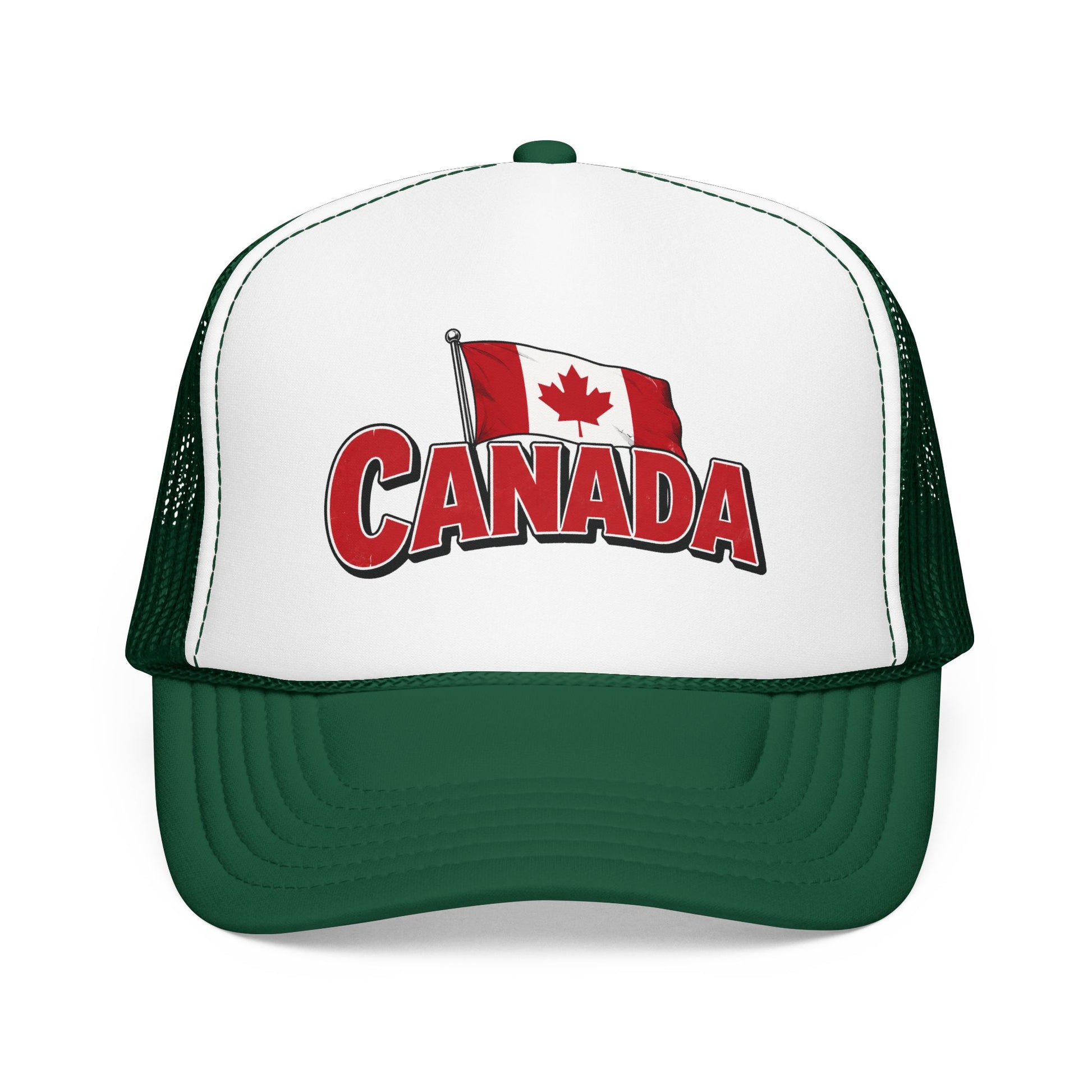 White and green trucker hat with mesh sides and Canada flag “CANADA” front logo