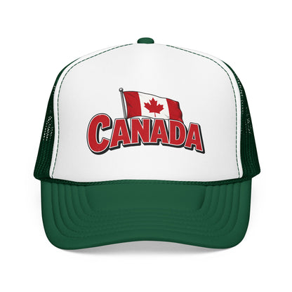 White and green trucker hat with mesh sides and Canada flag “CANADA” front logo