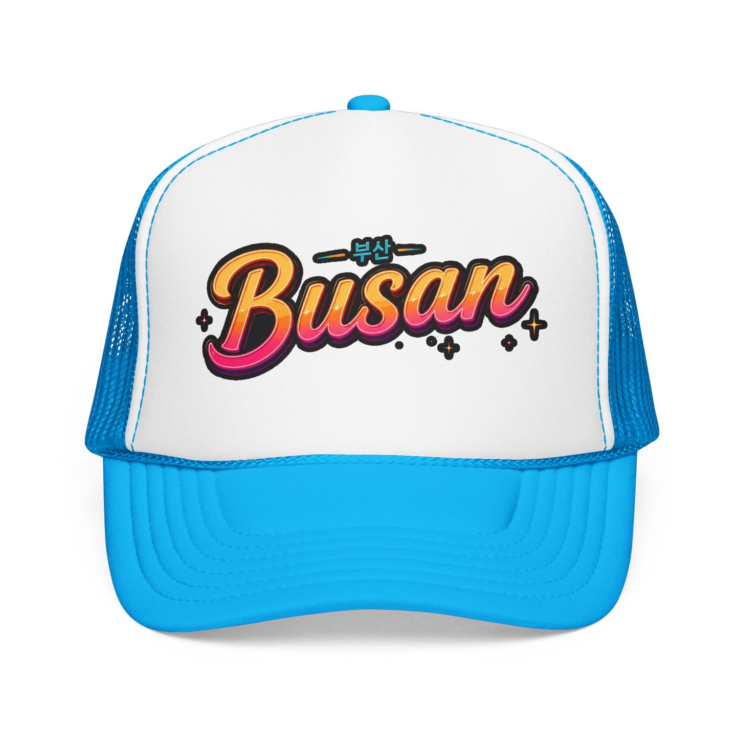 White and light blue trucker hat with “Busan” front logo and mesh side panels