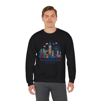 Black crewneck sweatshirt with colorful London skyline graphic on front