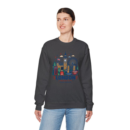 Dark crewneck sweatshirt with colorful London skyline graphic and “London” logo