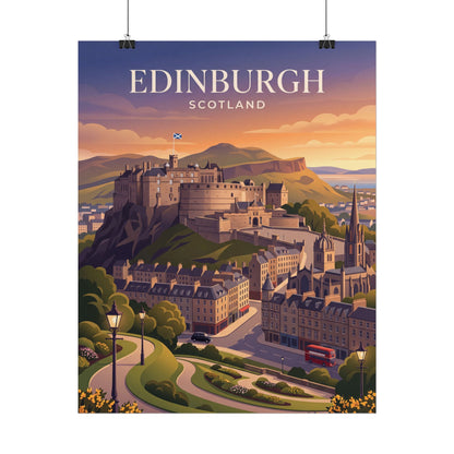 Vertical Edinburgh Scotland poster hanging with castle cityscape, sunset, and title