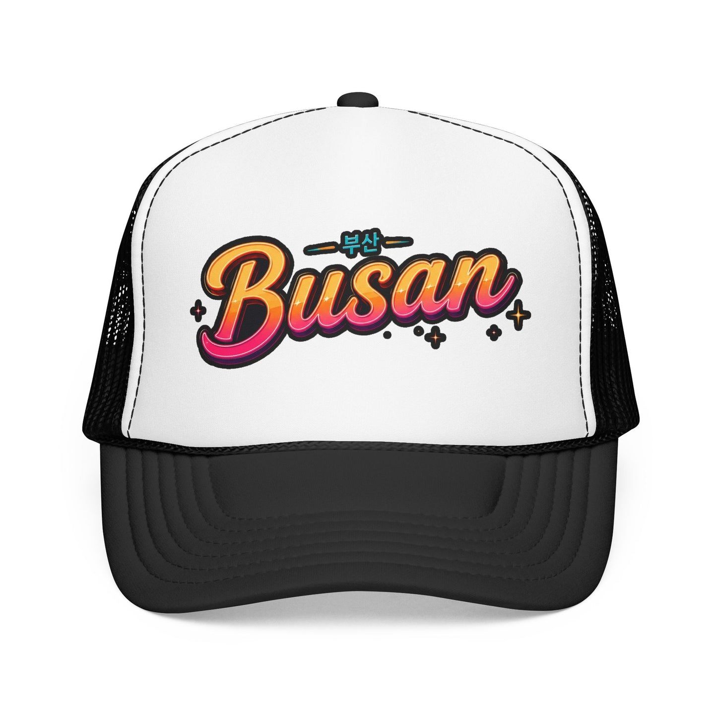 Black trucker hat with “Busan” front logo and curved brim