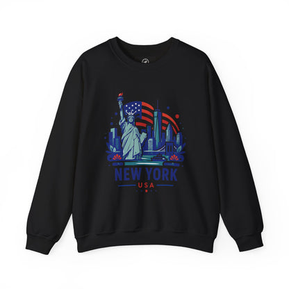 Black crewneck sweatshirt with New York USA Statue of Liberty graphic on front