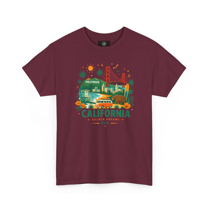 Maroon short-sleeve crewneck T-shirt with colorful California graphic print